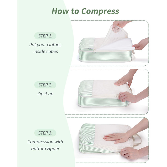 Набір органайзерів для валізи та рюкзака Narwey, 6 шт, компресійні органайзери для одягу та речей у подорож, світло-зелені смужки