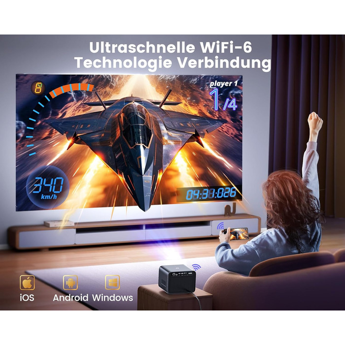 Beamer 4K з автофокусом та корекцією трапеції: проєктор для домашнього кінотеатру та перегляду з телефону (1080p, WiFi6, Bluetooth, Dolby Audio)