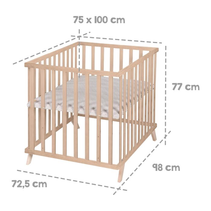 Манеж roba 75 x 100 см - Дитячий манеж з вкладишем Lil Planet сірий - Сертифікат GOTS та Oeko-Tex 100 - 3-позиційне регулювання висоти - дерево (натуральне дерево)