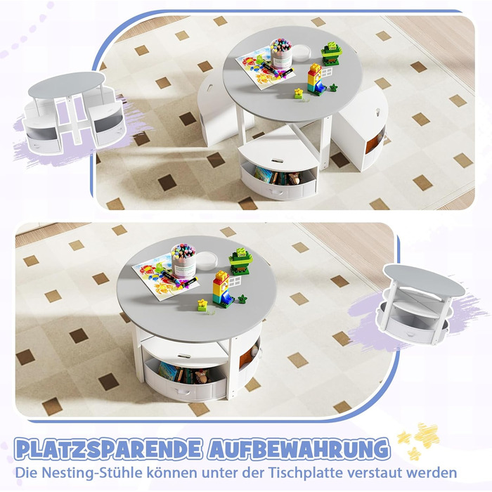 Дитячий стіл DREAMADE з 4 стільцями, комплект меблів для дитячої кімнати (сірий)