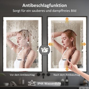 Дзеркало для ванної кімнати YOURLITE з підсвіткою, 85x55 см, LED, сенсорне керування, 3 кольори світла, регулювання яскравості, протизапобігання запотіванню, вертикальна/горизонтальна орієнтація, IP44, білий (чорний-5070)