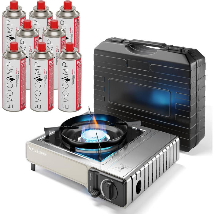 Газовий нагрівач Gaskocher 1-flammig: портативний газовий нагрівач для кемпінгу та відпочинку на природі, 2.2 кВт, з пьезозапалюванням та кейсом (+8 картриджів)