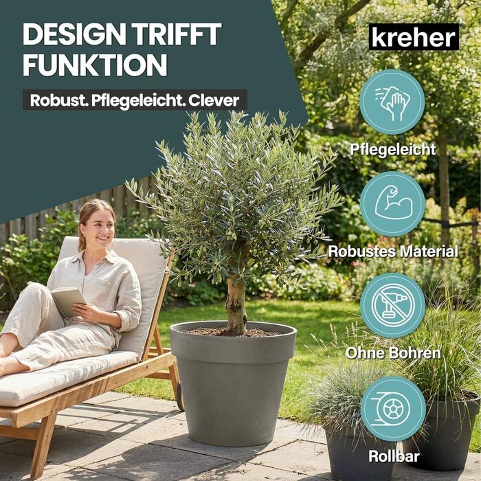 Крехер XXL круглий горщик для рослин / горщик для квітів, діаметр 58 см, на колесах. Ідеально підходить для саду, тераси, ресторанів та комерційних приміщень!