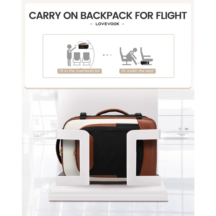 LOVEVOOK Рюкзак для ручної поклажі, 40L, для подорожей, з відділенням для ноутбука, водонепроникний, чорно-бежево-коричневий