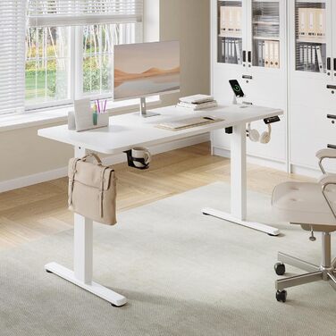 Регульований стіл 140 x 60 см з USB-C зарядкою, електричний, з функцією пам'яті, для офісу, стоячий/сидячий, білий Pro, 140x60 см