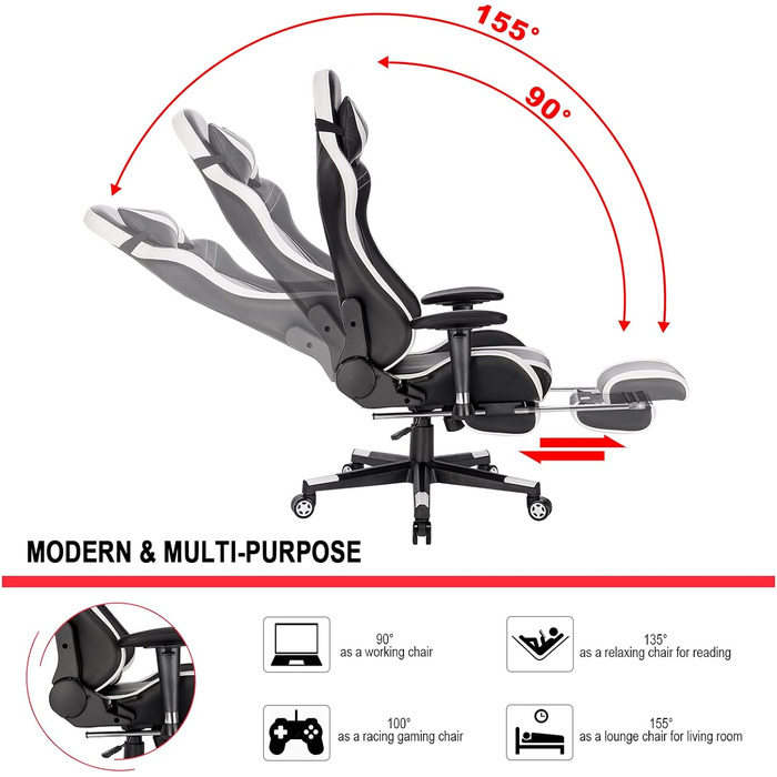 Ігрове крісло WOLTU, офісне крісло з поліуретанової шкіри Ігрове крісло ергономічне з поперековою подушкою, геймерське крісло Гоночне крісло для ПК з функцією гойдалки та підставкою для ніг Поворотне крісло в прямому ефірі ЧорнийБілий