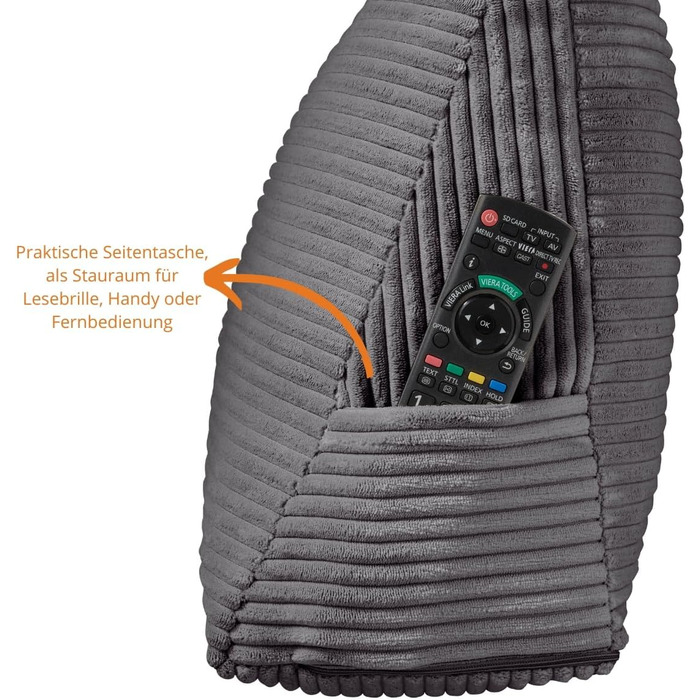 Подушка для спини в ліжко та на диван sleepling з вельвету, велика кліноподібна подушка для читання та підтримки попереку з бічною кишенею, знімний чохол, темно-сіра, 70x40x20 см