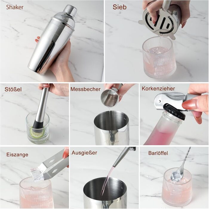 Набір бармена на 23 предмети: шейкер, сито, ложка, мадлер та інші інструменти для приготування коктейлів. Ідеально для дому, бару, вечірки (колір: коричневий)