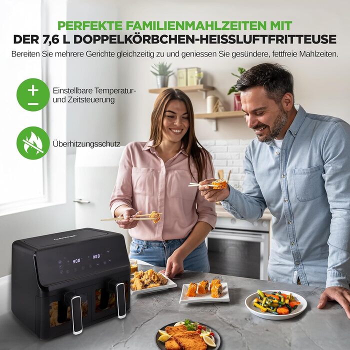 Фритюрниця NutriChef 8.3L з 2 відсіками, з подвійним нагріванням, з оглядовим вікном, 9 програм, до 360°C, антипригарне покриття, для смаження без олії, компактна та безпечна