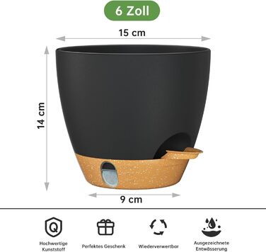 Набір горщиків для квітів ZMTECH 25 см з підставкою, пластикові пересаджувальні горщики з автополивом, кашпо з індикатором рівня води для дому/саду (2 шт., чорний)