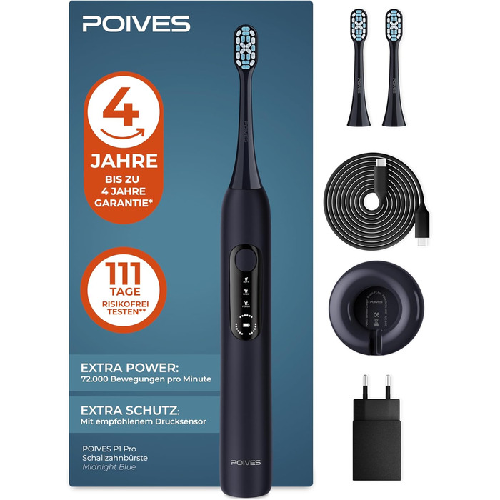 Електрична зубна щітка POIVES P1 Pro з датчиком тиску, 72000 рухів, 4 роки гарантії, 111 днів без ризику, тривалий час роботи, колір: Midnight Blue