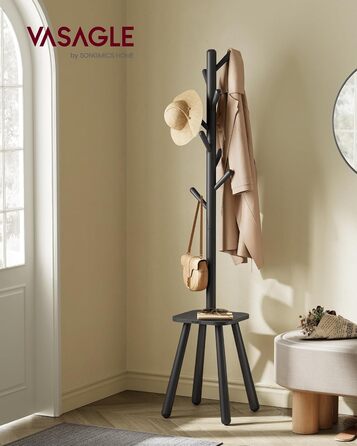 Стійка для одягу VASAGLE з 8 гачками та полицею, 170,5 см, чорний колір, RCR033B01