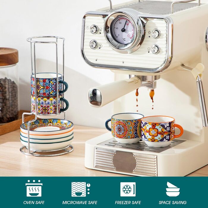 Набір чашок для еспресо Vancasso 4 шт., 150 мл SIMI з підставками та стійкою, керамічні чашки для еспресо, капучино, лате, мокко