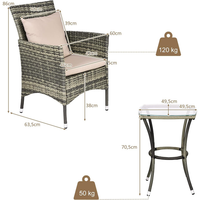 Набір садових меблів GIANTEX для балкона: стіл та 2 стільці з ротангу, комплект на 2 особи, з подушками (бежевий)