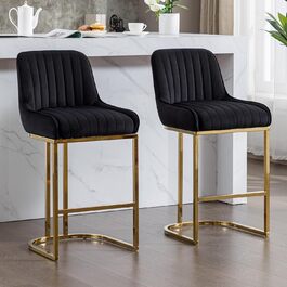 Набір з 2 барних стільців з велюру з золотистими металевими ніжками, м'яке сидіння, зі спинкою, без підлокітників для кухонної зони/домашнього бару (Чорний)