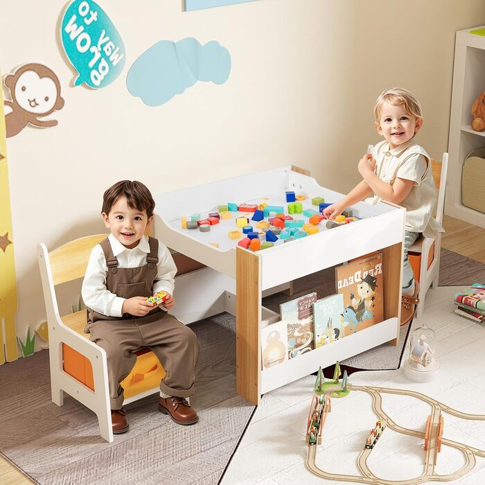 Дерев'яний дитячий стіл 4 в 1 DREAMADE з 2 стільцями, дошками та полицями, комплект меблів для дітей