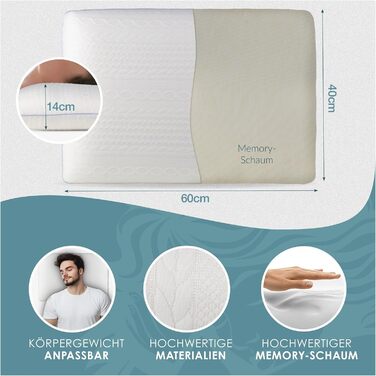 Ортопедична подушка з піною з пам'яті Memory Foam для здорового сну, проти болю в шиї, для всіх типів сну (на спині, животі та боці), біла, 14 см висотою, 1 шт.