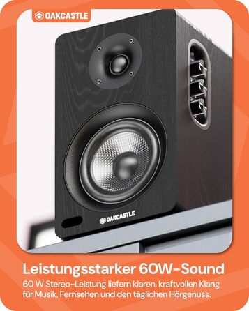 Акустична система Oakcastle BK100 Bluetooth 5.4, 60 Вт 2.0 полочні HiFi колонки для телевізора з HDMI ARC та ПК для геймінгу, з пультом керування (Чорний)