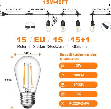 BRIMAX LED гірлянда для вулиці, 30 метрів, AC220-240V, IP44, 46+4 лампочки G40 E12 1W, 2200K тепле біле світло, розширювана, для кемпінгу, ярмарку, саду, вечірки