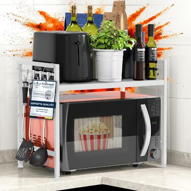 Стійка для мікрохвильової печі та кухонні полиці з нержавіючої сталі, 2-ярусна | Стійка для мікрохвильовки, полиця для зберігання, полиця для пекаря, регульована висота та довжина | З інструкцією у відеоформаті та гачками (Білий)