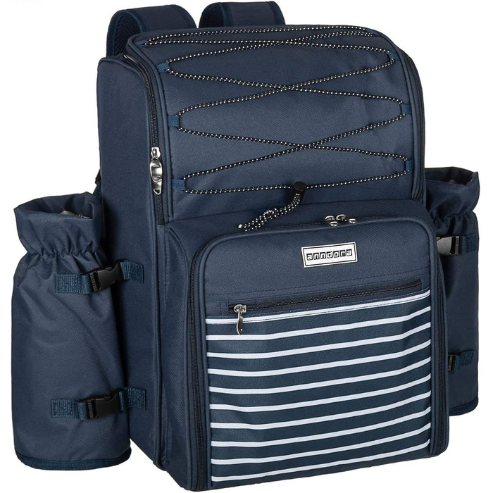 Рюкзак для пікніка Andora на 4 особи з інтегрованою сумкою-холодильником, зелений, з аксесуарами (темно-синій, білий)