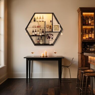 Підвісні полиці YU YUSING з RGB підсвічуванням 7 кольорів, геймерські полиці з 8 гачками, стелажі для демонстрації, настінні вітрини з 2 скляними полицями, підвісні шафи для спальні, кухні, бару, ігрової кімнати, декор, гексагон, карбонове покриття