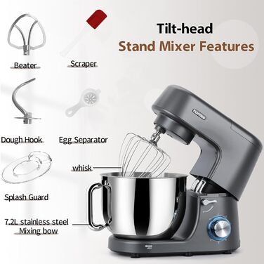 Кухонна машина 2000W з міксером та набором насадок, 7.2 л, нержавіюча сталь, сірий колір