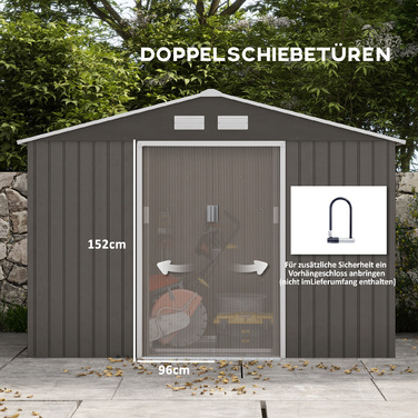 Outsunny Metal Garden Shed Садовий сарай з фундаментом, стійкий до погодних умов, сірий, 277x195x192 см, ідеально підходить для саду та зберігання інструментів