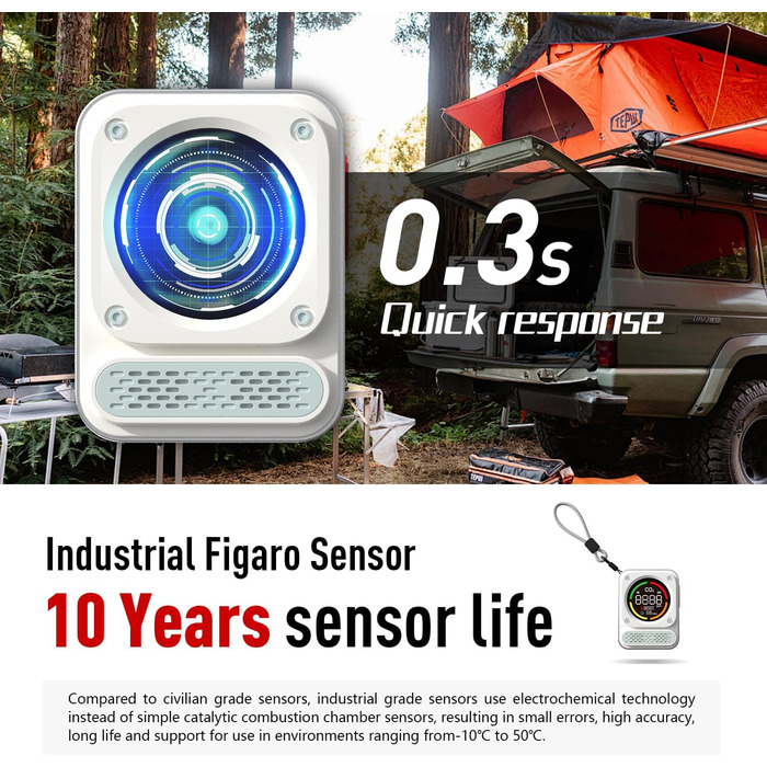 Портативний детектор чадного газу 3-в-1 з перезаряджаємою батареєю, сенсор на 10 років, 200 годин роботи для подорожей, кемпінгу, намету, автодому, дому, кухні