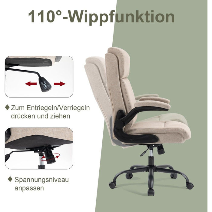 Офісний стілець CASTLOVE з ергономічною спинкою, регульовані підлокітники, висока спинка, регулювання висоти, функція гойдання (тканина бежевого кольору, до 150 кг)