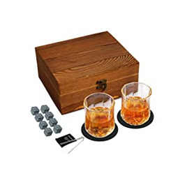 Подарунковий набір з каменів для віскі KAQ і скла, 2 склянки для віскі, 8 каменів для віскі в дерев'яній подарунковій коробці, Різдво/