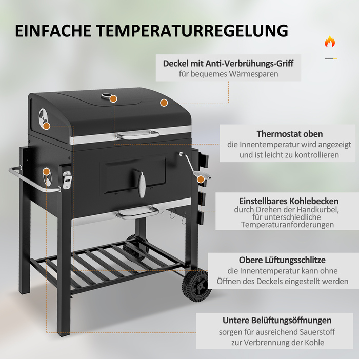 Grillwagen Outsunny для вугілля, BBQ, Standgrill, нержавіюча сталь, чорний, 113x65x108 см для саду та тераси