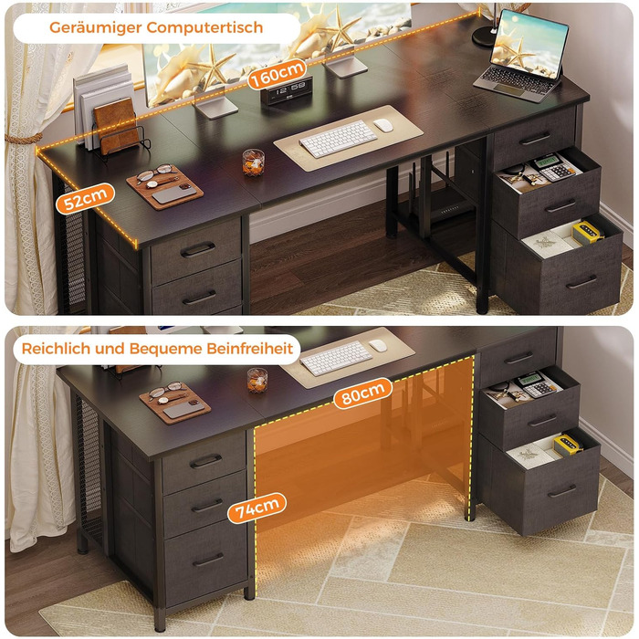 Комп'ютерний стіл Coleshome з 6 висувними ящиками, 160x52 см, білий, для дому та офісу