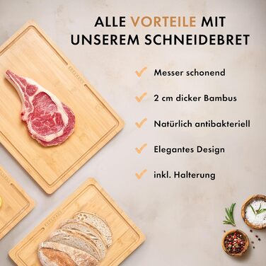 Набір дерев'яних обробних дощок 3 шт. (40x30см / 33x24см / 26x18см) з масиву акації, 2 см товщиною, з канавкою для соку - кухонні обробні дошки, дизайн, набір обробних дощок з дерева, бамбук