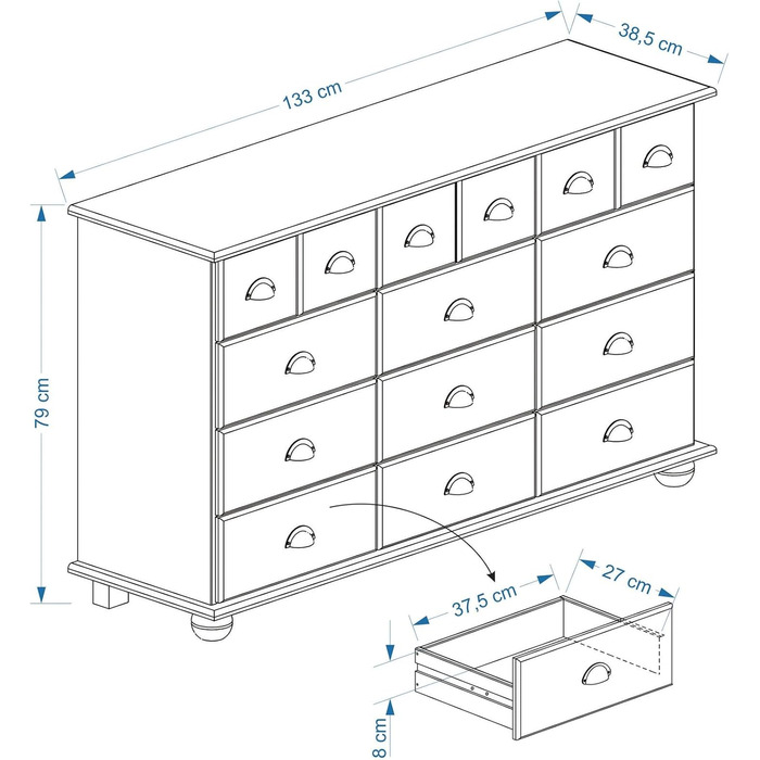 Комод IDIMEX Colmar, 12 шухляд, ручки з черепашки, морилка/воскування
