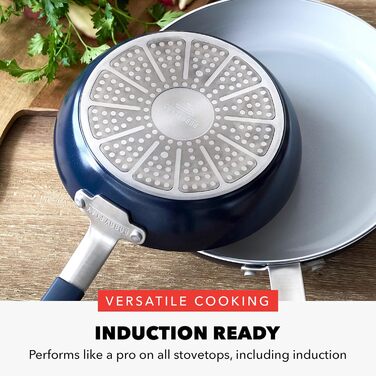 Набір сковорідок GreenPan x Bobby Flay, 20.3 см та 25.4 см, з антипригарним покриттям, без PFAS, кераміка з діамантами, для індукційних плит, силіконовий ручка, легко миються, сумісний з посудомийною машиною, 2 шт. (13 предметів), Marineblau