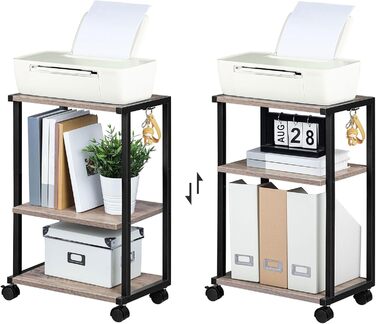 HOOBRO Стіл для принтера з 3 ящиками, регульована висота, на колесах, 42 x 28 x 64 см, для офісу, сканера, копіювального апарату, принтера