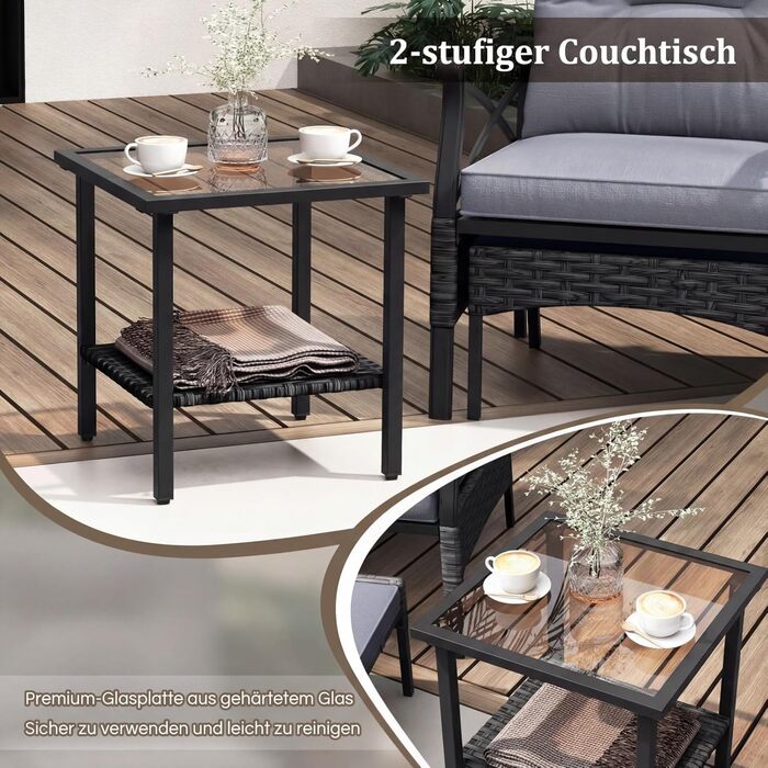 Садовий набір меблів COSTWAY з ротангу, 5 предметів: 2 крісла з подушками, пуф та стіл для балкона, тераси, саду (Чорний + Сірий)