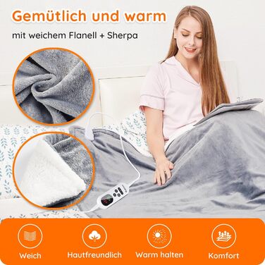 Електрична ковдра Mia&Coco з автовимкненням 160x130 см, 10 рівнів нагріву, таймер 9 год, захист від перегріву, пральна машина, фланелева ковдра для ліжка, дивана та вітальні, сіра, 130x160 см