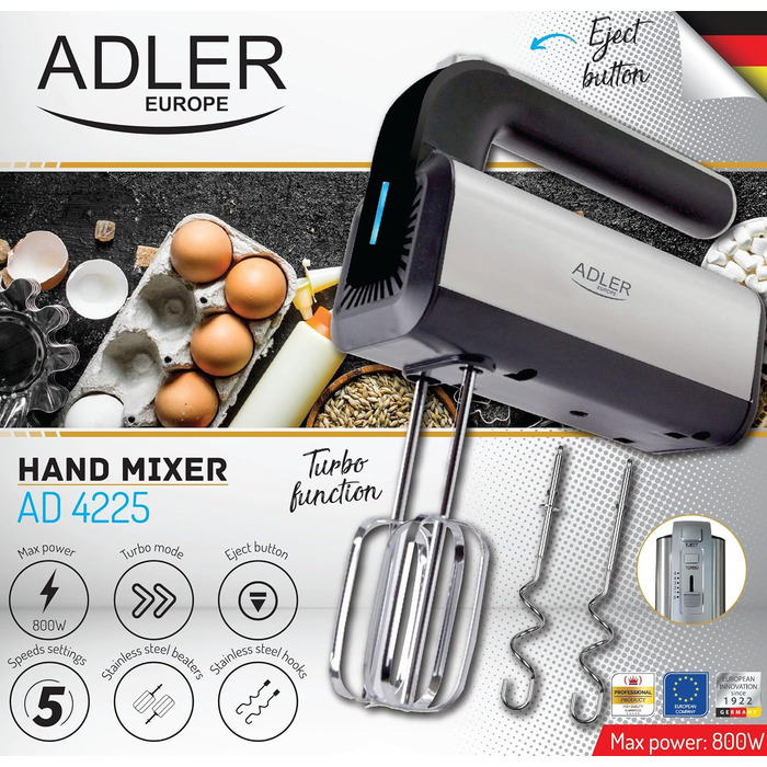 Міксер ADLER AD 4225 INOX, 800 Вт, 3 функції, чорний/сріблястий, кухонний комбайн, блендер, ручний міксер, ручний міксер