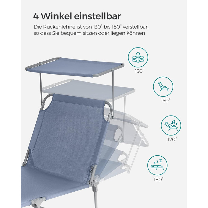 Лежак для відпочинку SONGMICS, розкладний, 193 x 53 x 29 см, до 150 кг, з підголовником, регульована спинка, для саду, басейну, тераси (Блакитний)