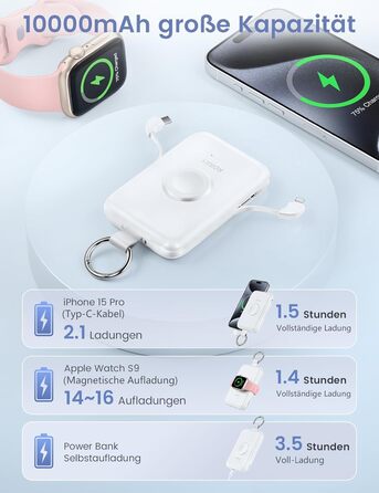 З кабелями, брелоком, сумісний з iPhone та Apple Watch (рожевий), 10000mAh PD 20W