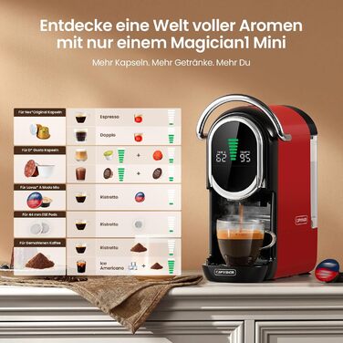 Кавомашина Magician1 Mini Kapselmaschine 5в1 для Nespresso, Dolce Gusto, Lavazza A Modo Mio, ESE 44, кавової гущі | 20 бар, 1450 Вт, LED-дисплей, 7 рівнів води | для дому та офісу, червона