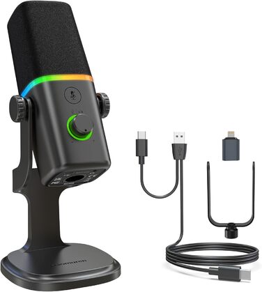 Динамічний XLR/USB мікрофон для геймінгу, подкастів, ПК, телефону, стрімінгу з RGB-підсвіткою, кнопкою вимкнення звуку, підсиленням, підставкою, для співу та YouTube