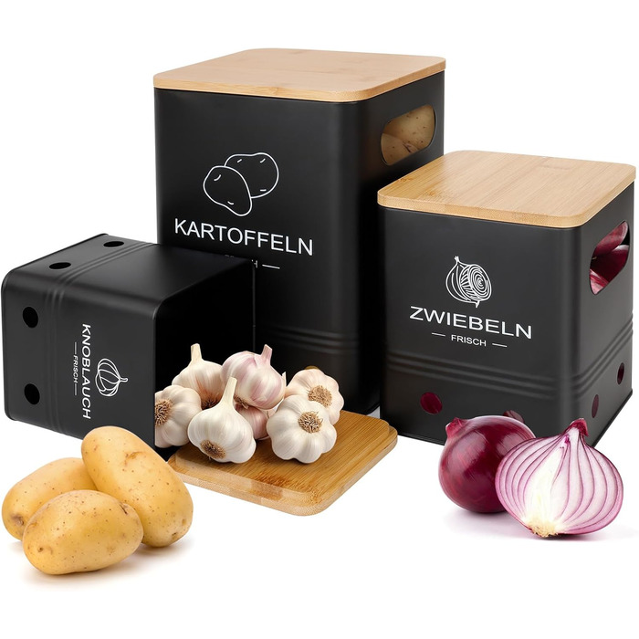 Набір контейнерів для зберігання картоплі, цибулі та часнику (3 шт) з бамбуковими кришками - Моз (Moz) - Чорний