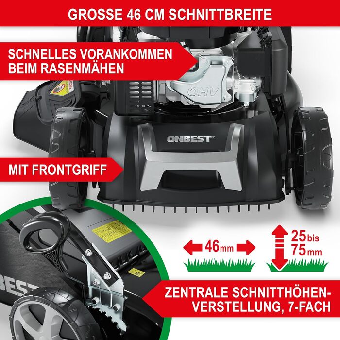 Бензиновий газонокосарка 5-в-1 з потужним двигуном 4.9 PS, 4-тактний, об'єм 173 см³, ширина косіння 46 см, 60л травозбірник, Radantrieb, комплект для мульчування та бічний викид