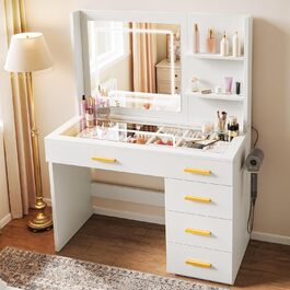 Туалетний столик YITAHOME з підсвіткою та дзеркалом, 4 шухляди, відкриті полиці, чорний (білий)
