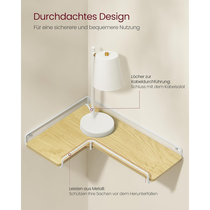 Набір кутових настінних полиць VASAGLE L-подібні, індустріальний стиль, 2 шт, для вітальні, спальні та кухні, колір дуб натуральний та білий (LLS831B01)