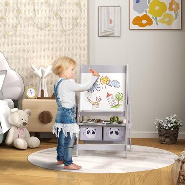Дитяча мольберт AIYAPLAY 3 в 1 з рулоном паперу, дошка для малювання, whiteboard, кошики для зберігання, сірий