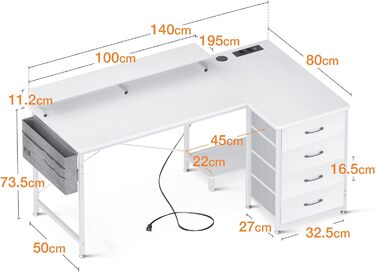 Ігровий стіл ODK L-подібний з USB-портом 140x80x88см білий